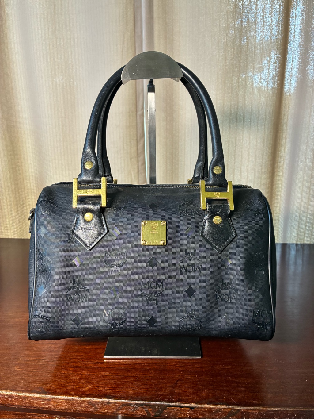 Mcm Black Logo Jacquard Top-Handle Satchel With Gold Hardware